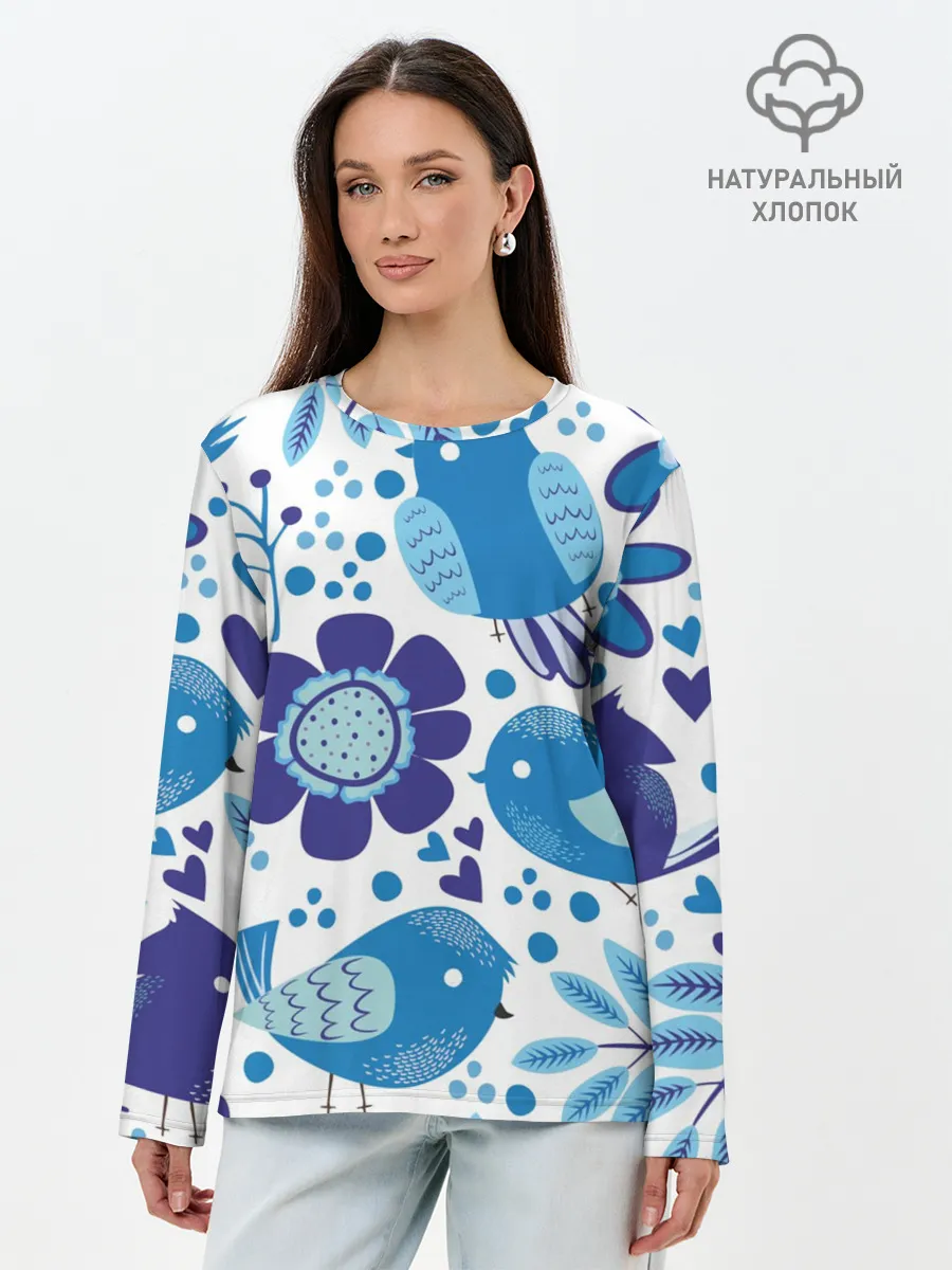 Лонгслив женский. Хлопок / Воробушки