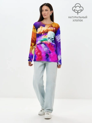 Лонгслив женский. Хлопок / Череп в дыму