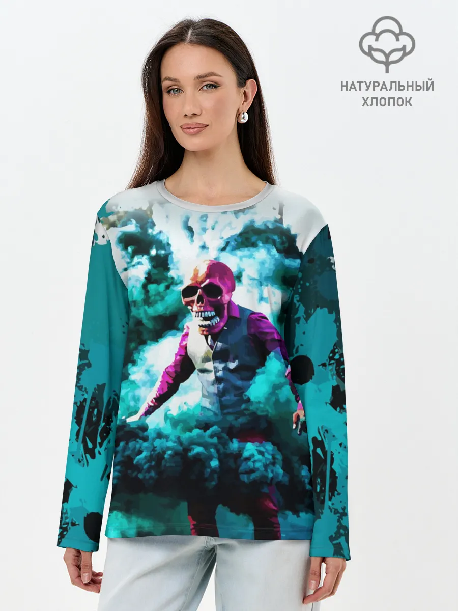 Лонгслив женский. Хлопок / Череп в дыму