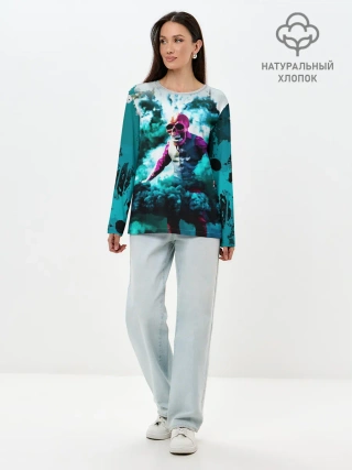 Лонгслив женский. Хлопок / Череп в дыму