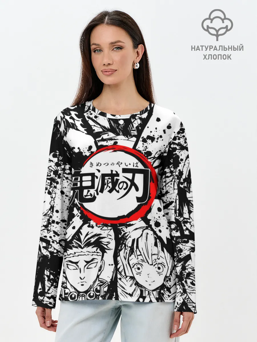 Лонгслив женский. Хлопок / Kimetsu no yaiba чернобелый коллаж