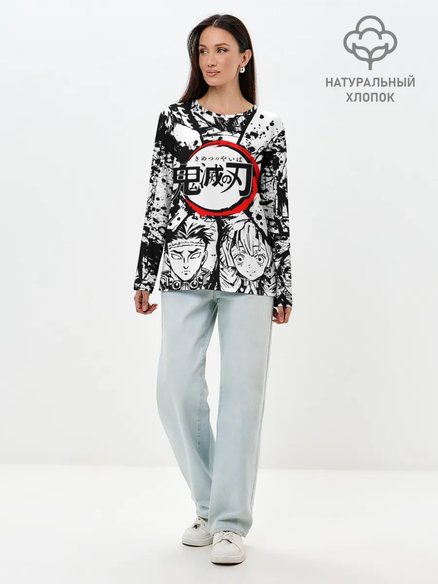 Лонгслив женский. Хлопок / Kimetsu no yaiba чернобелый коллаж