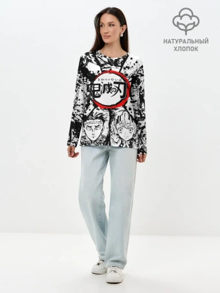 Лонгслив женский. Хлопок / Kimetsu no yaiba чернобелый коллаж