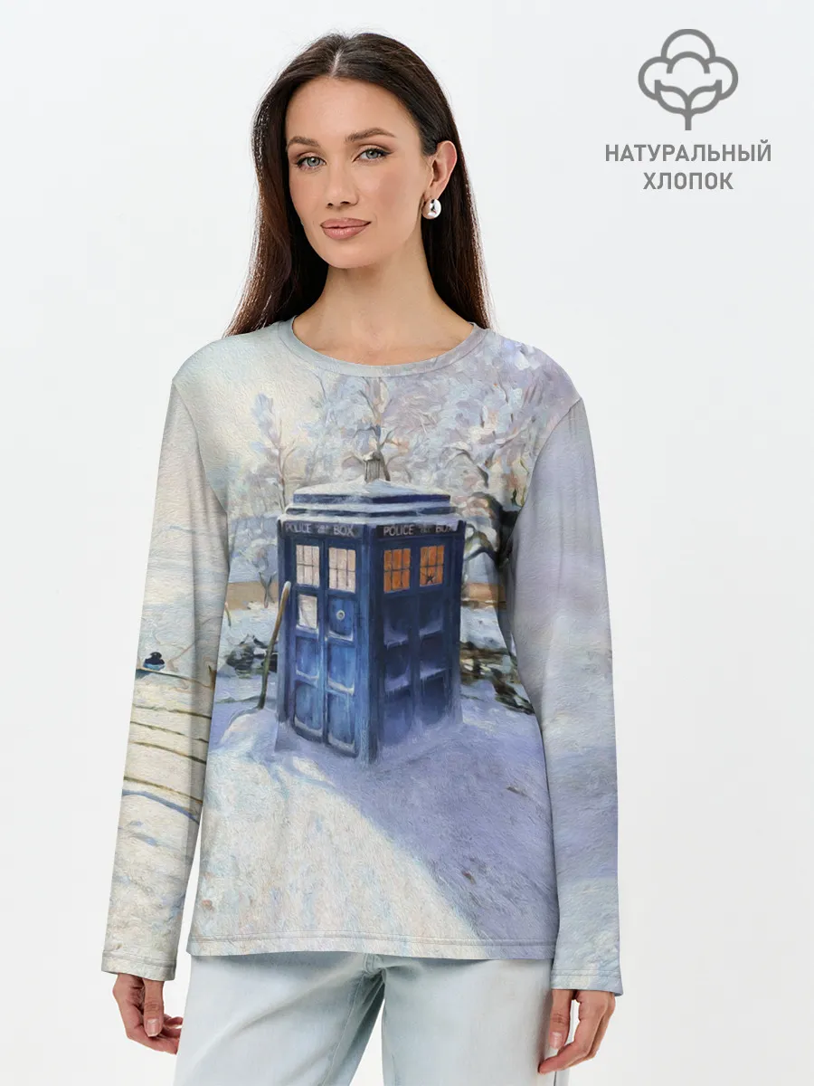 Лонгслив женский. Хлопок / ТАРДИС В СНЕГУ