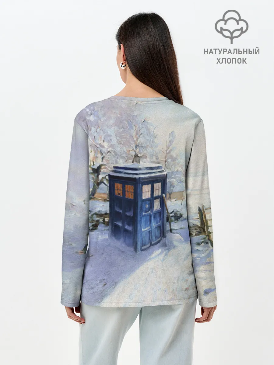 Лонгслив женский. Хлопок / ТАРДИС В СНЕГУ