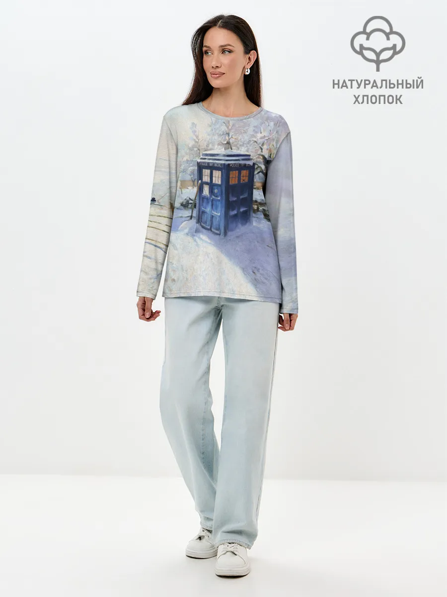 Лонгслив женский. Хлопок / ТАРДИС В СНЕГУ