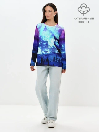 Лонгслив женский. Хлопок / Ночь Волк Луна