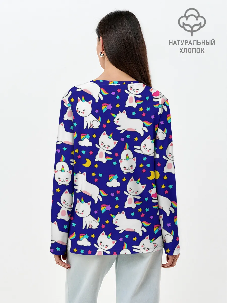 Лонгслив женский. Хлопок / Кот-Единорог