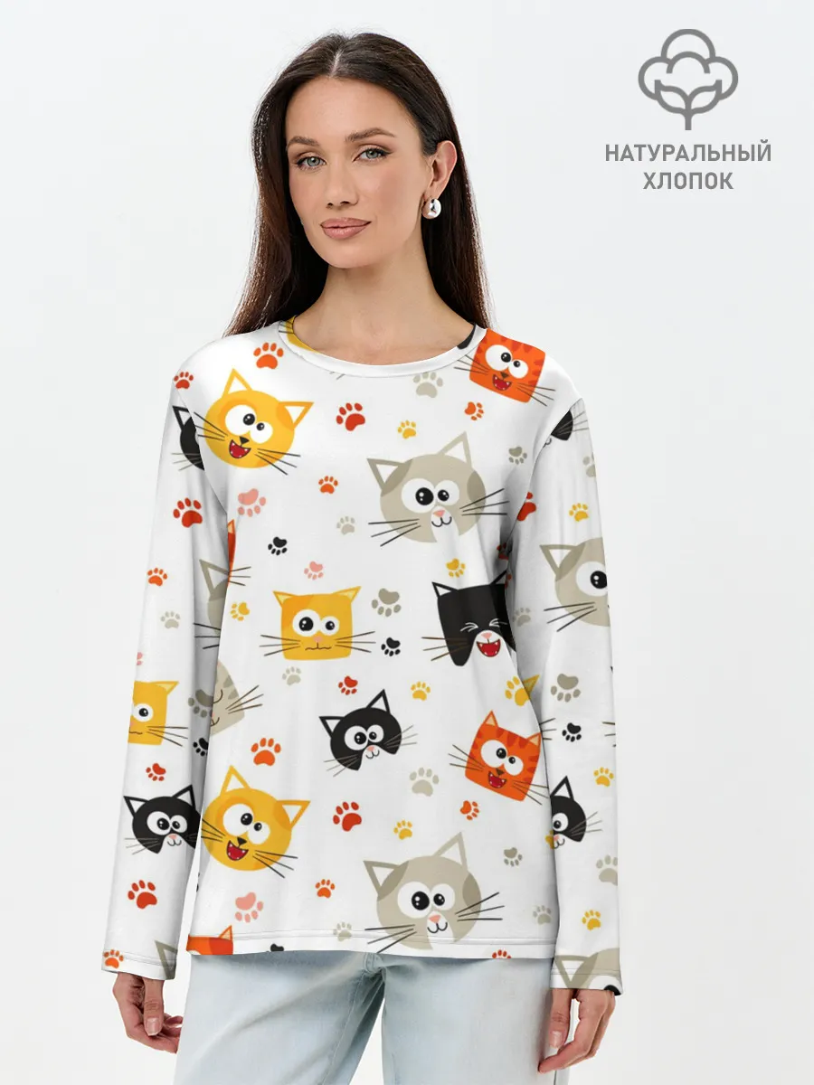 Лонгслив женский. Хлопок / Котики с лапками