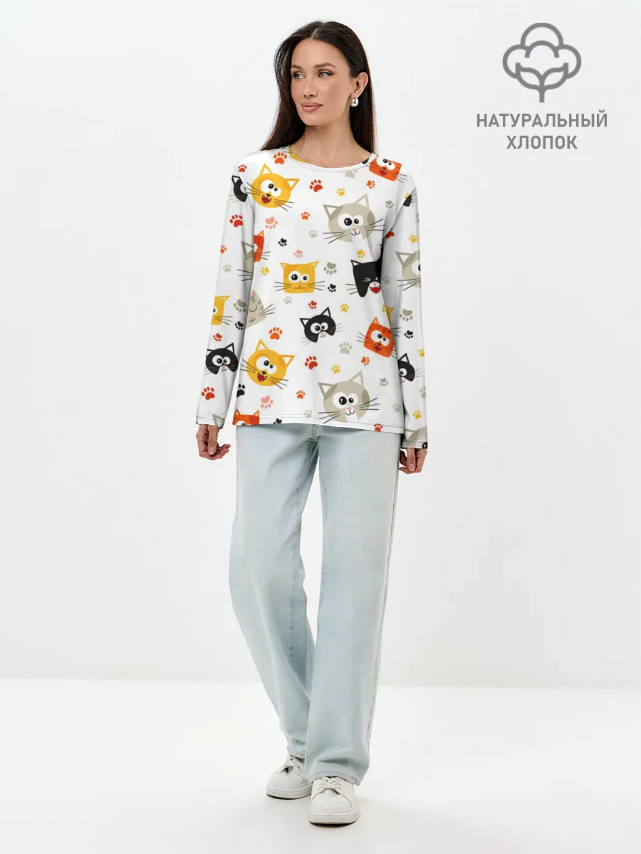 Лонгслив женский. Хлопок / Котики с лапками