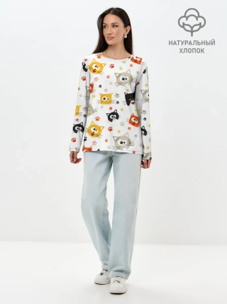 Лонгслив женский. Хлопок / Котики с лапками