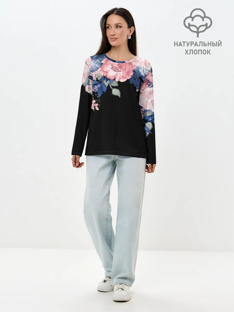 Лонгслив женский. Хлопок / цветы на черном