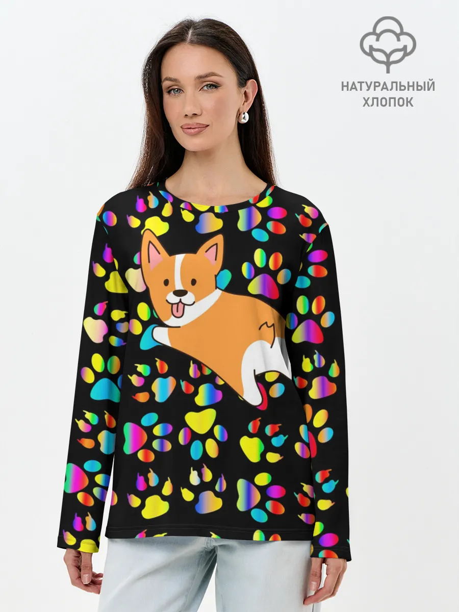 Лонгслив женский. Хлопок / Корги | Цветные лапки