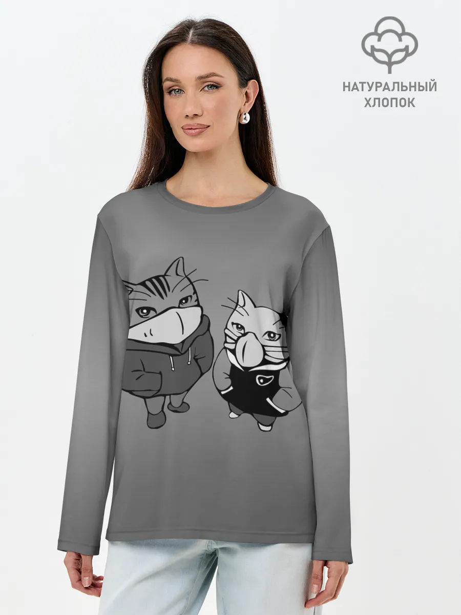 Лонгслив женский. Хлопок / Котики в масках