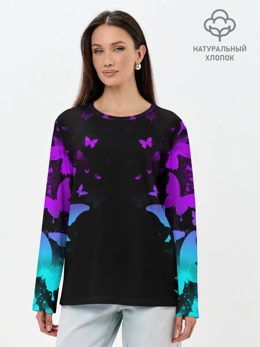 Лонгслив женский. Хлопок / НЕОНОВЫЕ БАБОЧКИ | NEON BUTTERFLIES