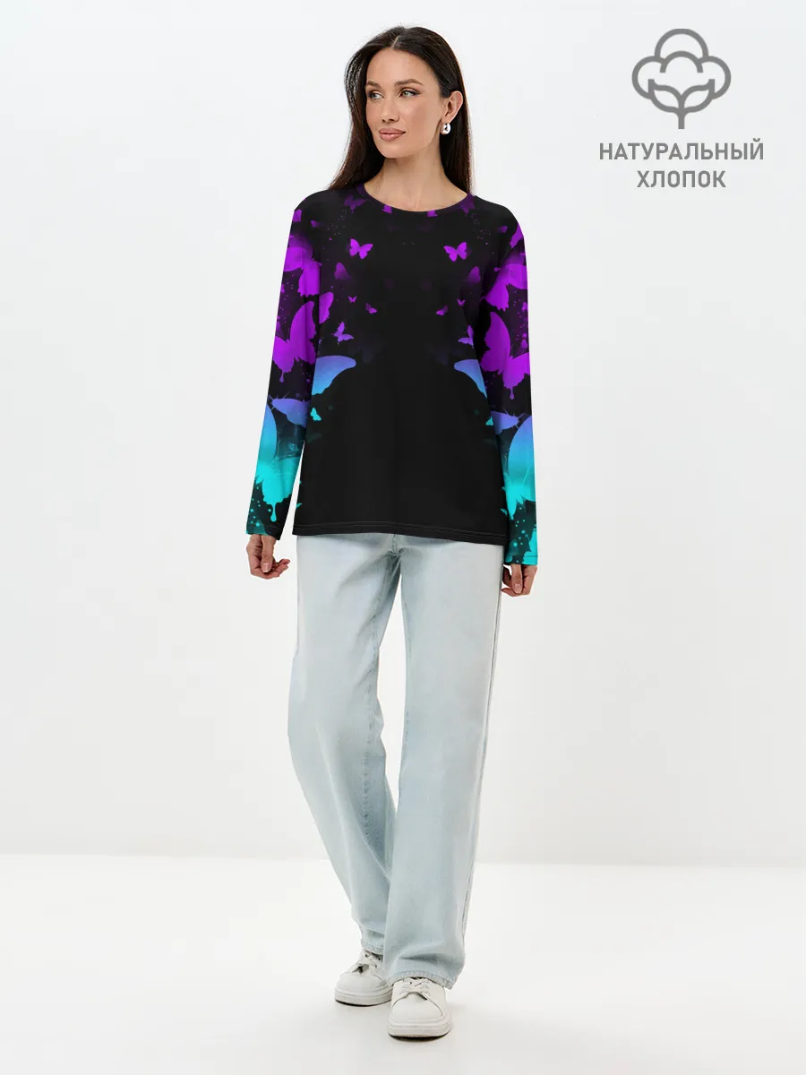 Лонгслив женский. Хлопок / НЕОНОВЫЕ БАБОЧКИ | NEON BUTTERFLIES