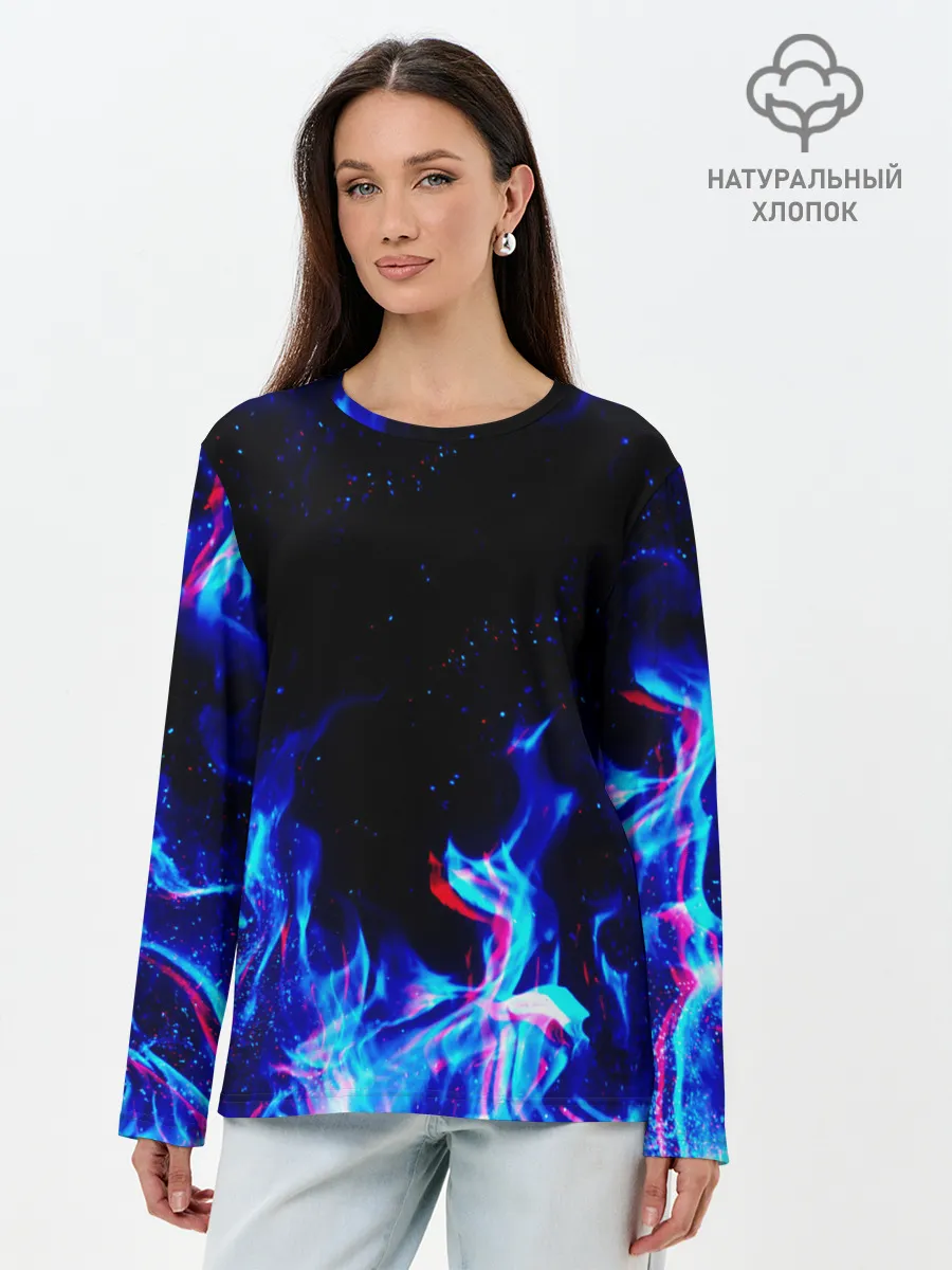 Лонгслив женский. Хлопок / СИНИЙ ОГОНЬ ГЛИТЧ | BLUE FIRE GLITCH