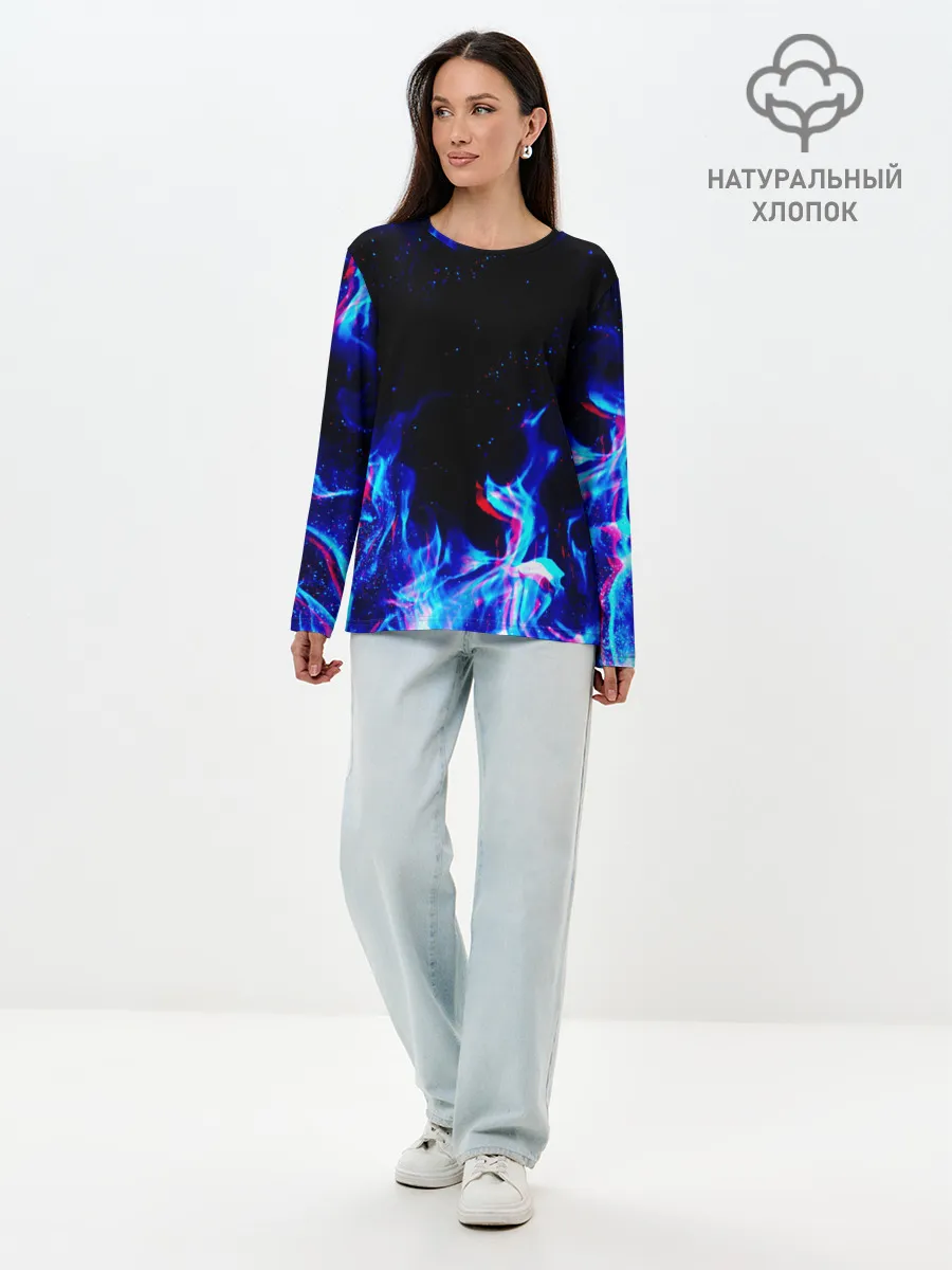 Лонгслив женский. Хлопок / СИНИЙ ОГОНЬ ГЛИТЧ | BLUE FIRE GLITCH