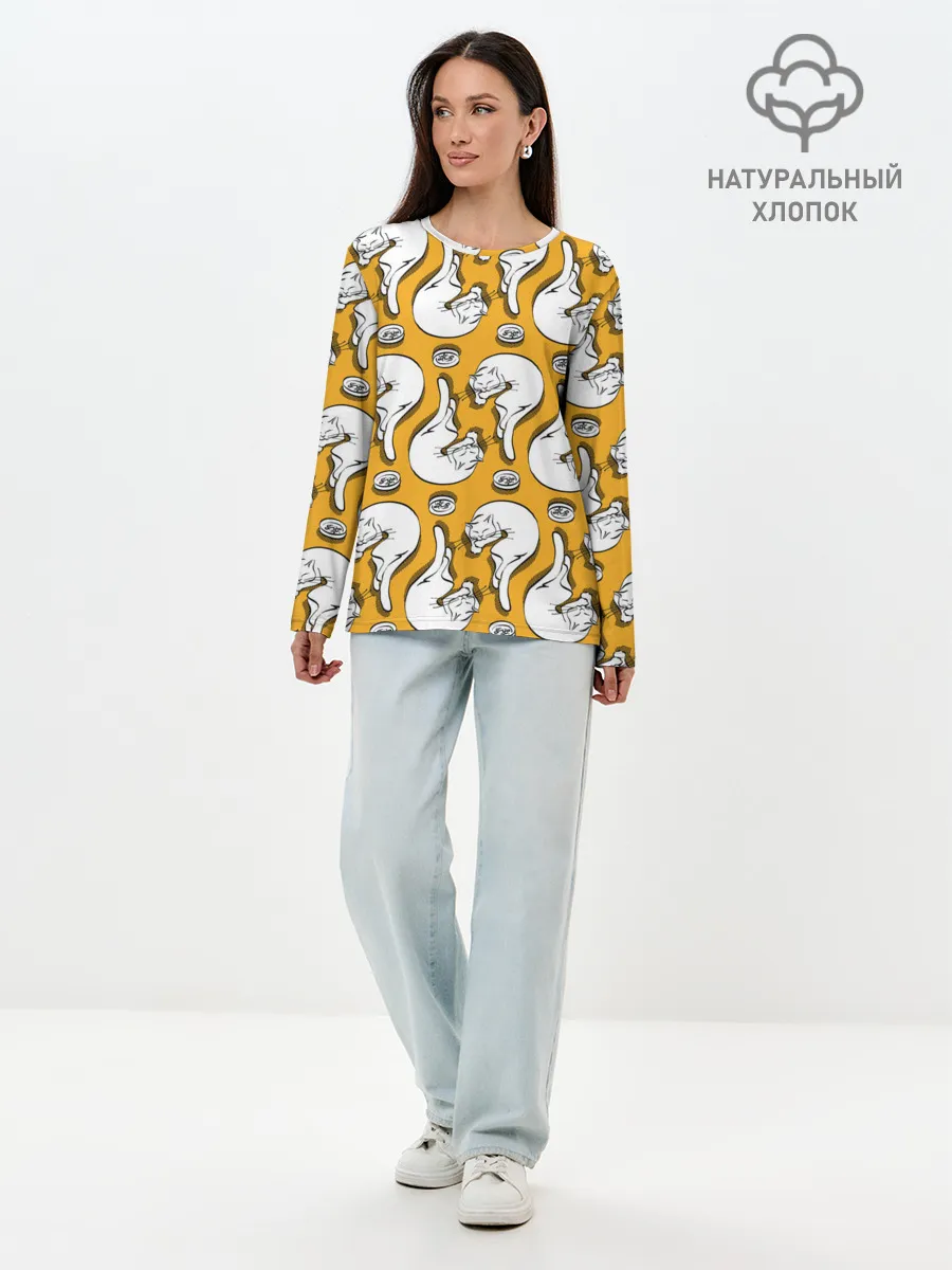 Лонгслив женский. Хлопок / Белая кошка и корм