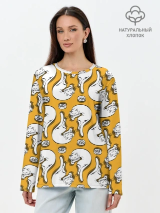 Лонгслив женский. Хлопок / Белая кошка и корм