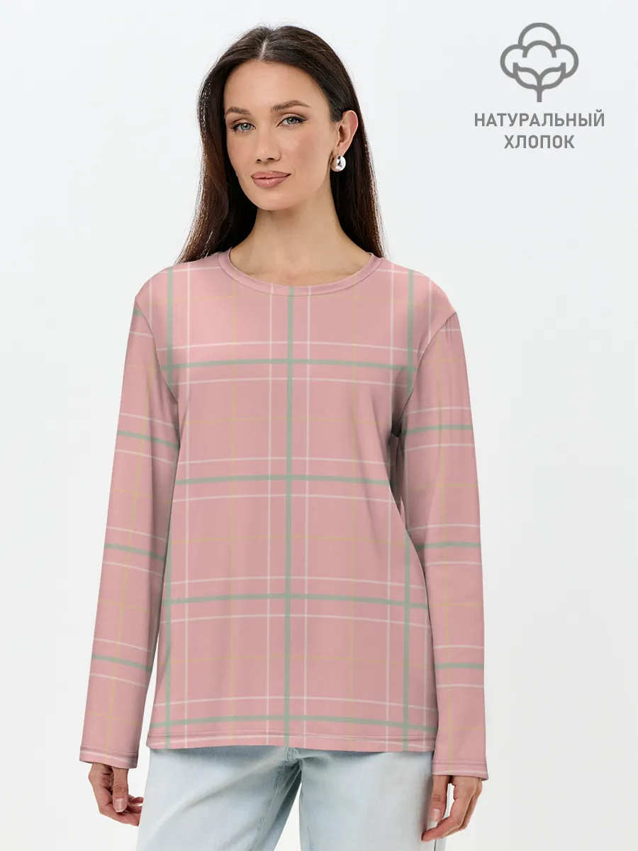 Лонгслив женский. Хлопок / Шотландка Розовая