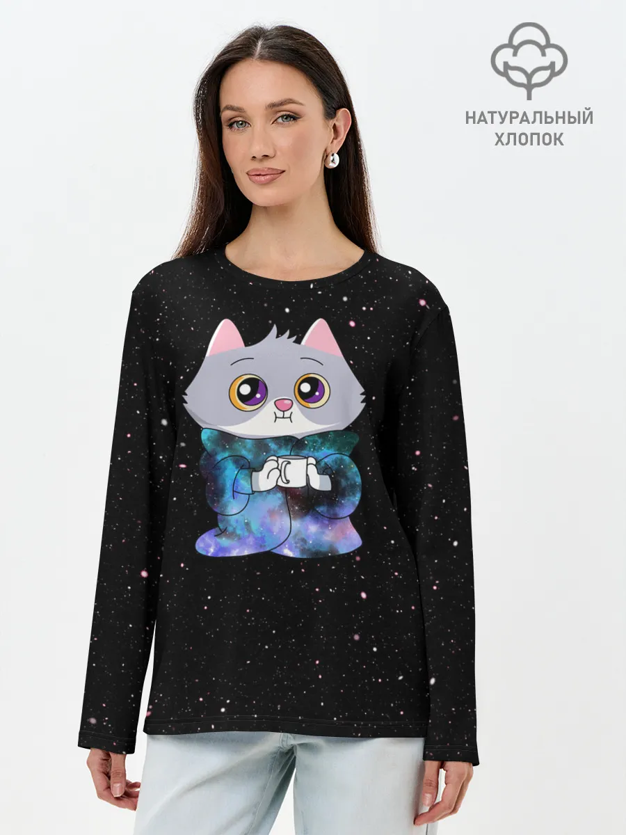 Лонгслив женский. Хлопок / Котёнок в пледе