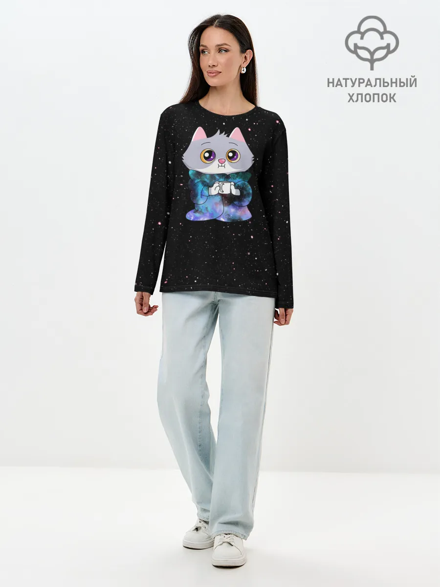 Лонгслив женский. Хлопок / Котёнок в пледе