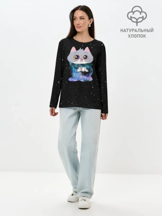 Лонгслив женский. Хлопок / Котёнок в пледе