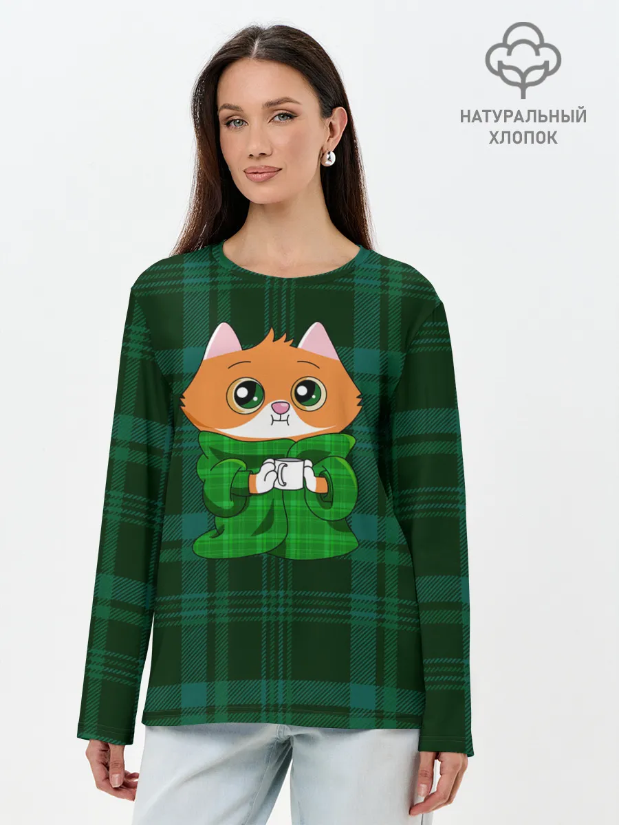 Лонгслив женский. Хлопок / Котёнок в пледе