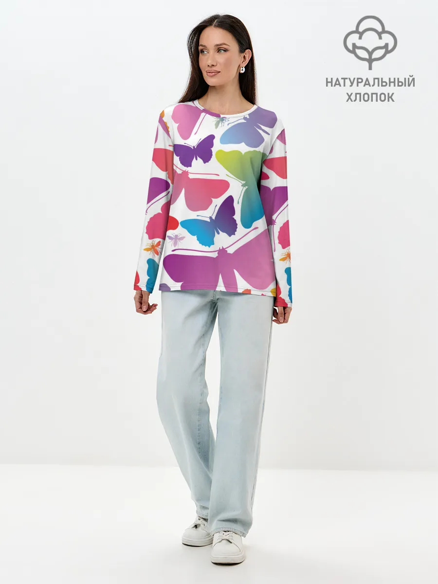 Лонгслив женский. Хлопок / БАБОЧКИ ПАТТЕРН | BUTTERFLY PATTERN