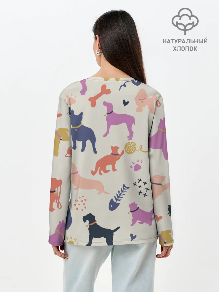 Лонгслив женский. Хлопок / Домашние животные паттерн | Pets pattern