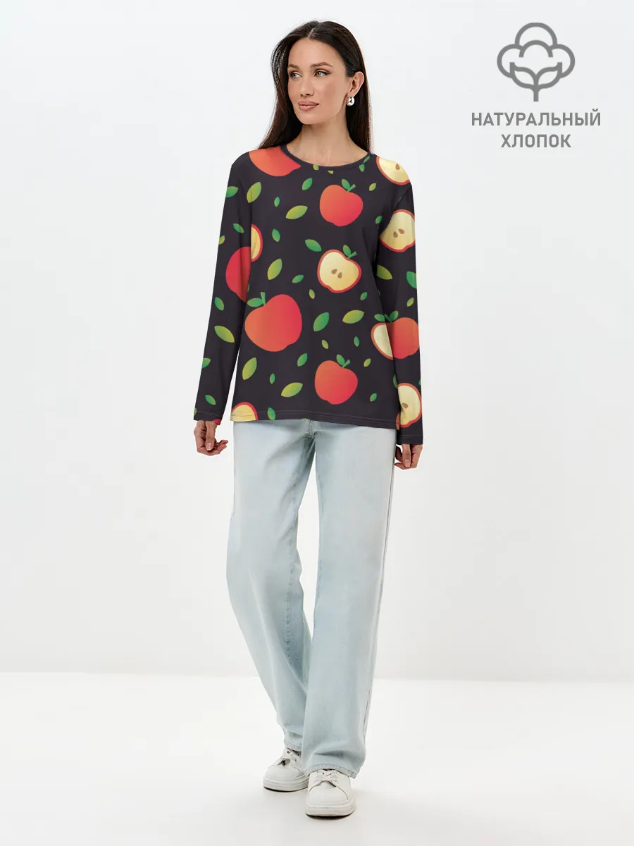 Лонгслив женский. Хлопок / Яблочный узор