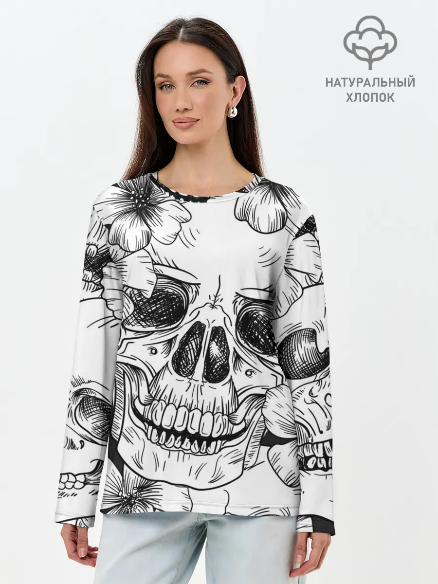 Лонгслив женский. Хлопок / Цветочный череп