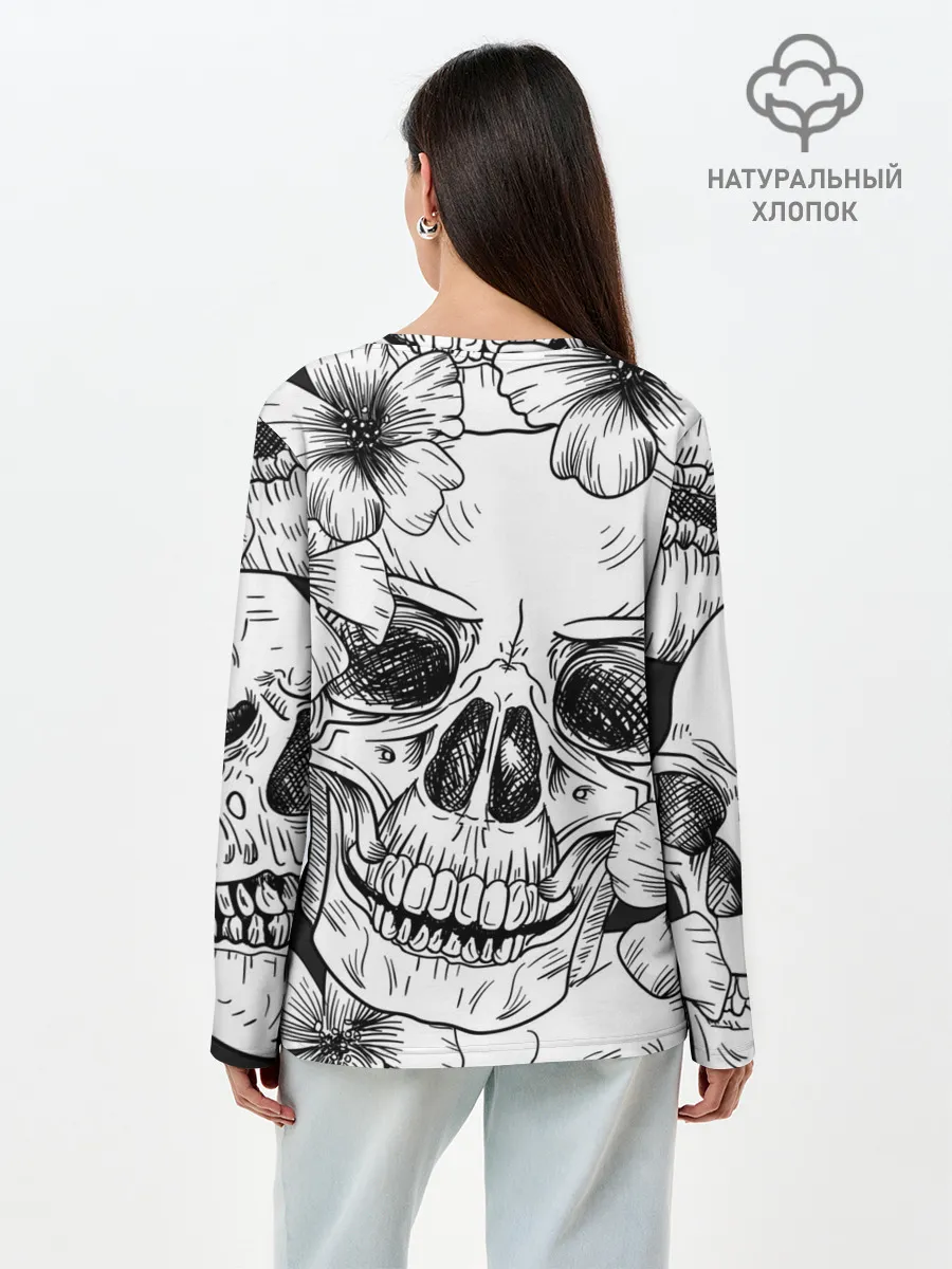 Лонгслив женский. Хлопок / Цветочный череп