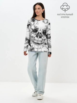 Лонгслив женский. Хлопок / Цветочный череп