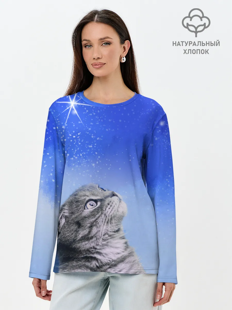 Лонгслив женский. Хлопок / Кот и космос