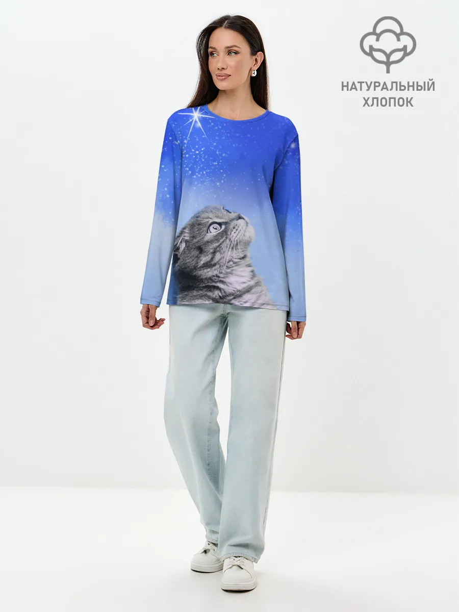Лонгслив женский. Хлопок / Кот и космос