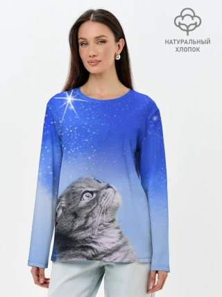 Лонгслив женский. Хлопок / Кот и космос