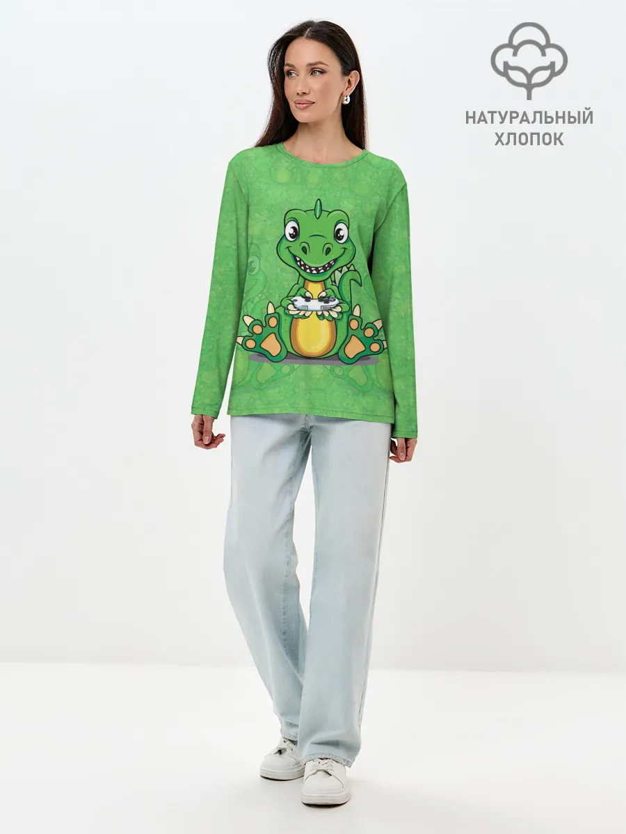 Лонгслив женский. Хлопок / Дракоша-геймер