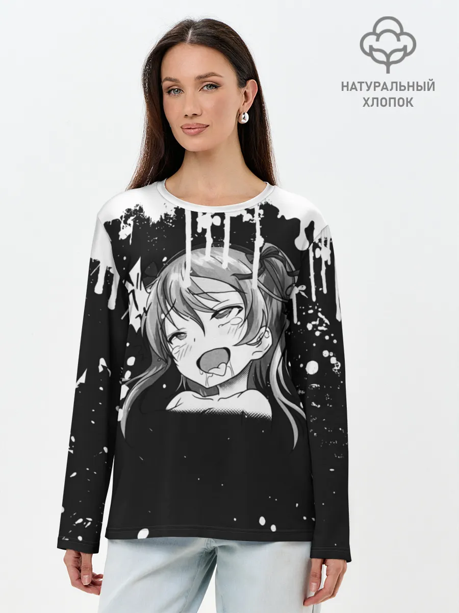 Лонгслив женский. Хлопок / Ахегао лицо чб