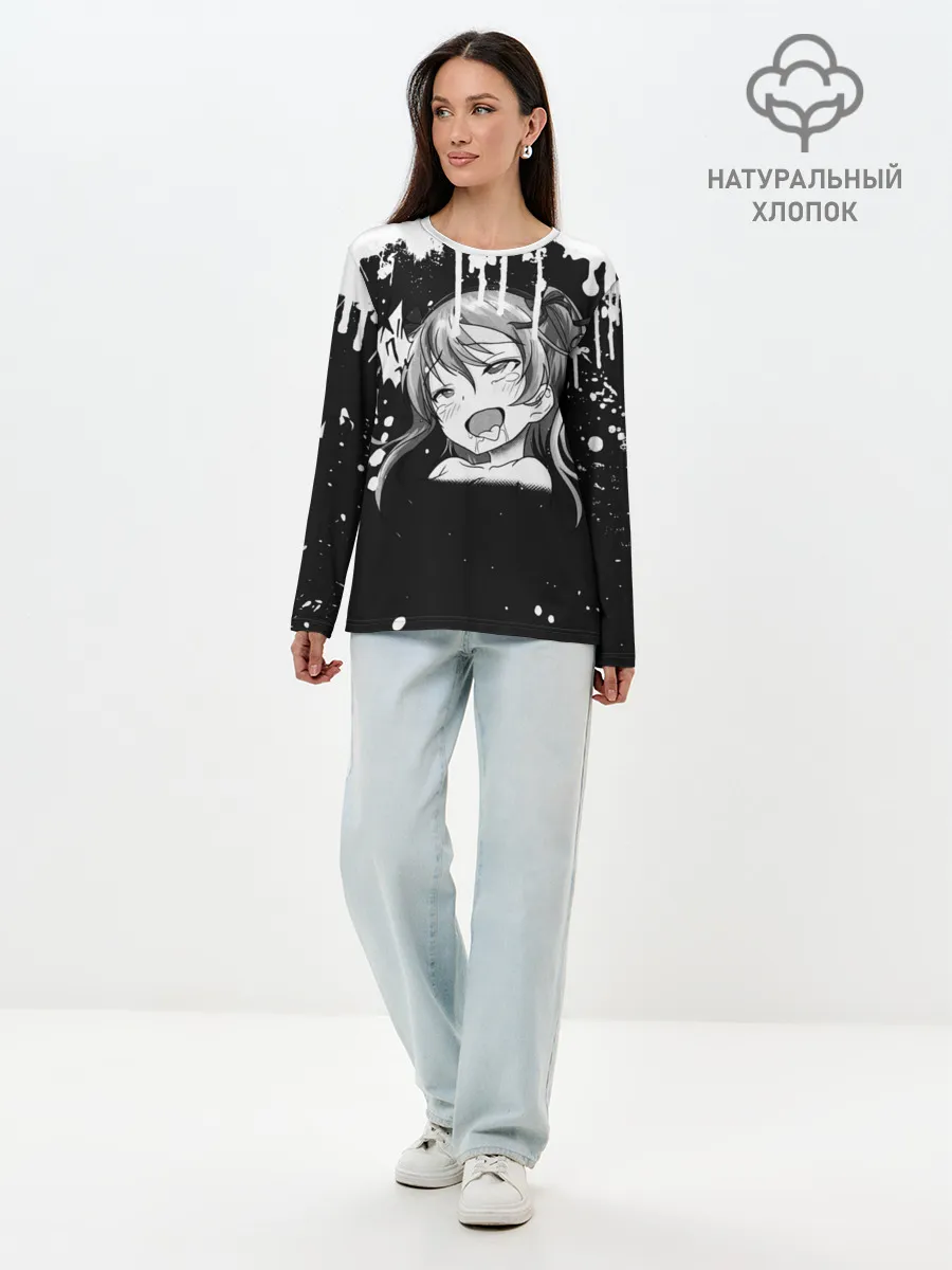 Лонгслив женский. Хлопок / Ахегао лицо чб