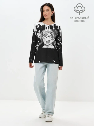 Лонгслив женский. Хлопок / Ахегао лицо чб