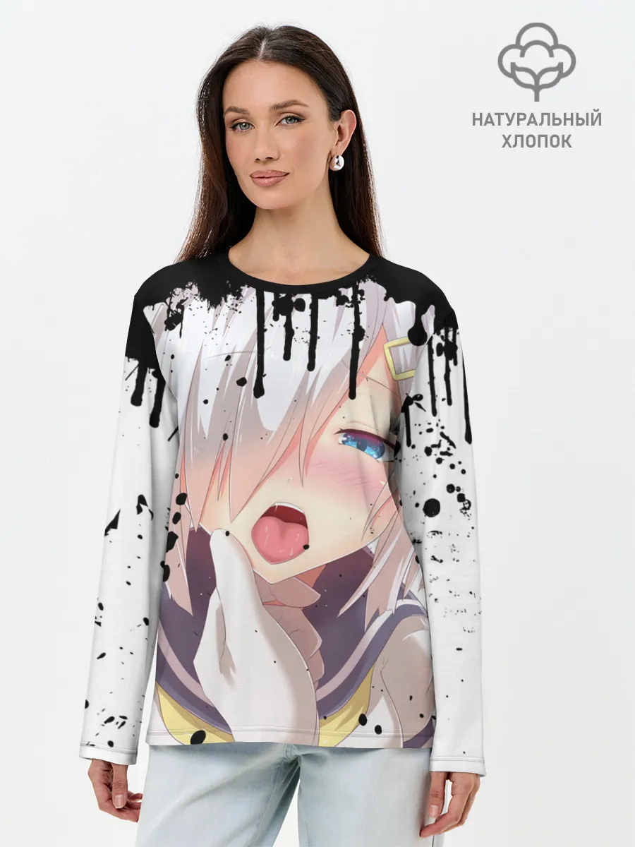 Лонгслив женский. Хлопок / Ахегао лицо в цвете