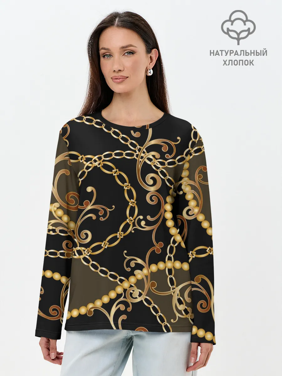 Лонгслив женский. Хлопок / Золотая цепь и бусы