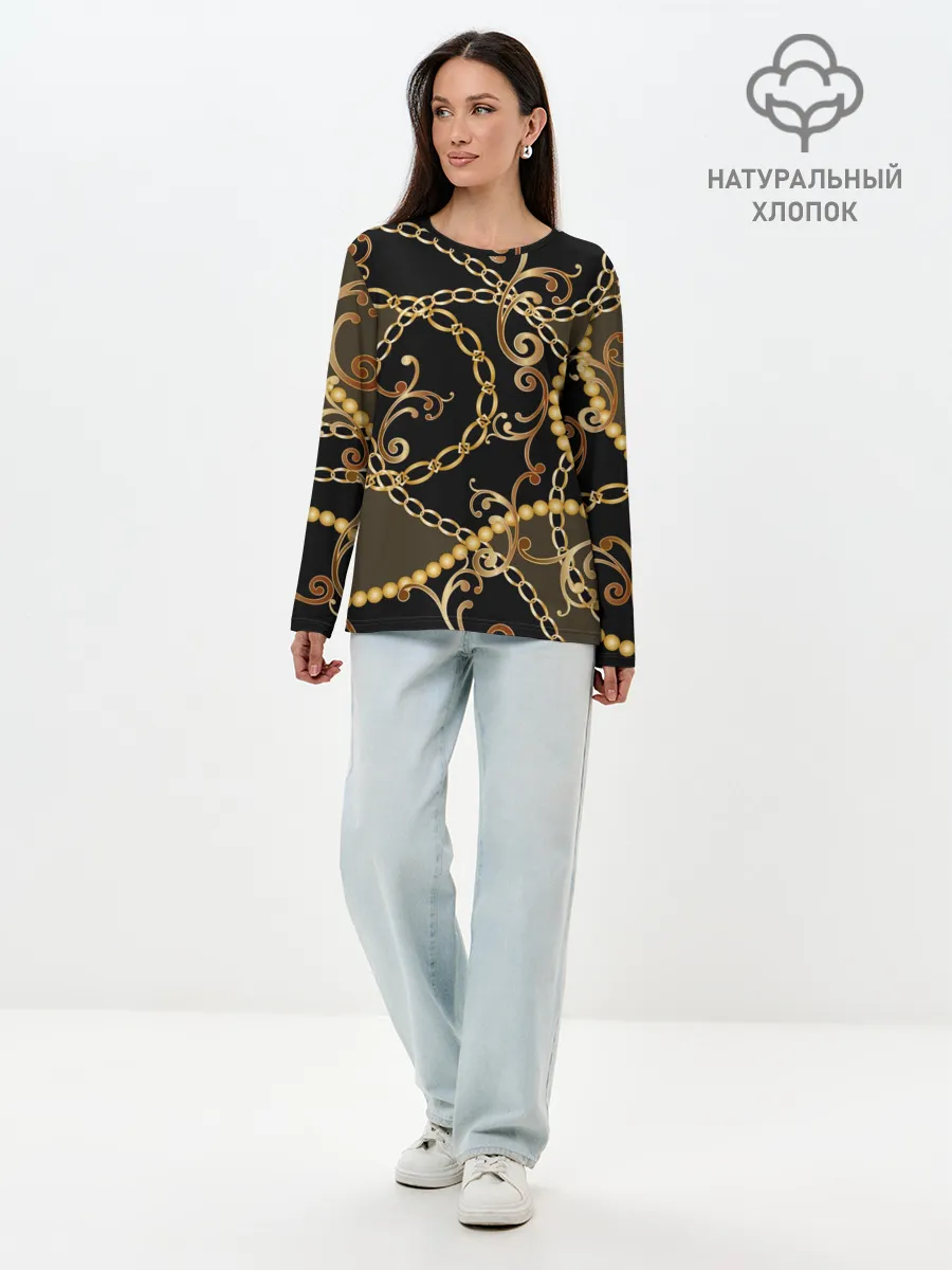 Лонгслив женский. Хлопок / Золотая цепь и бусы