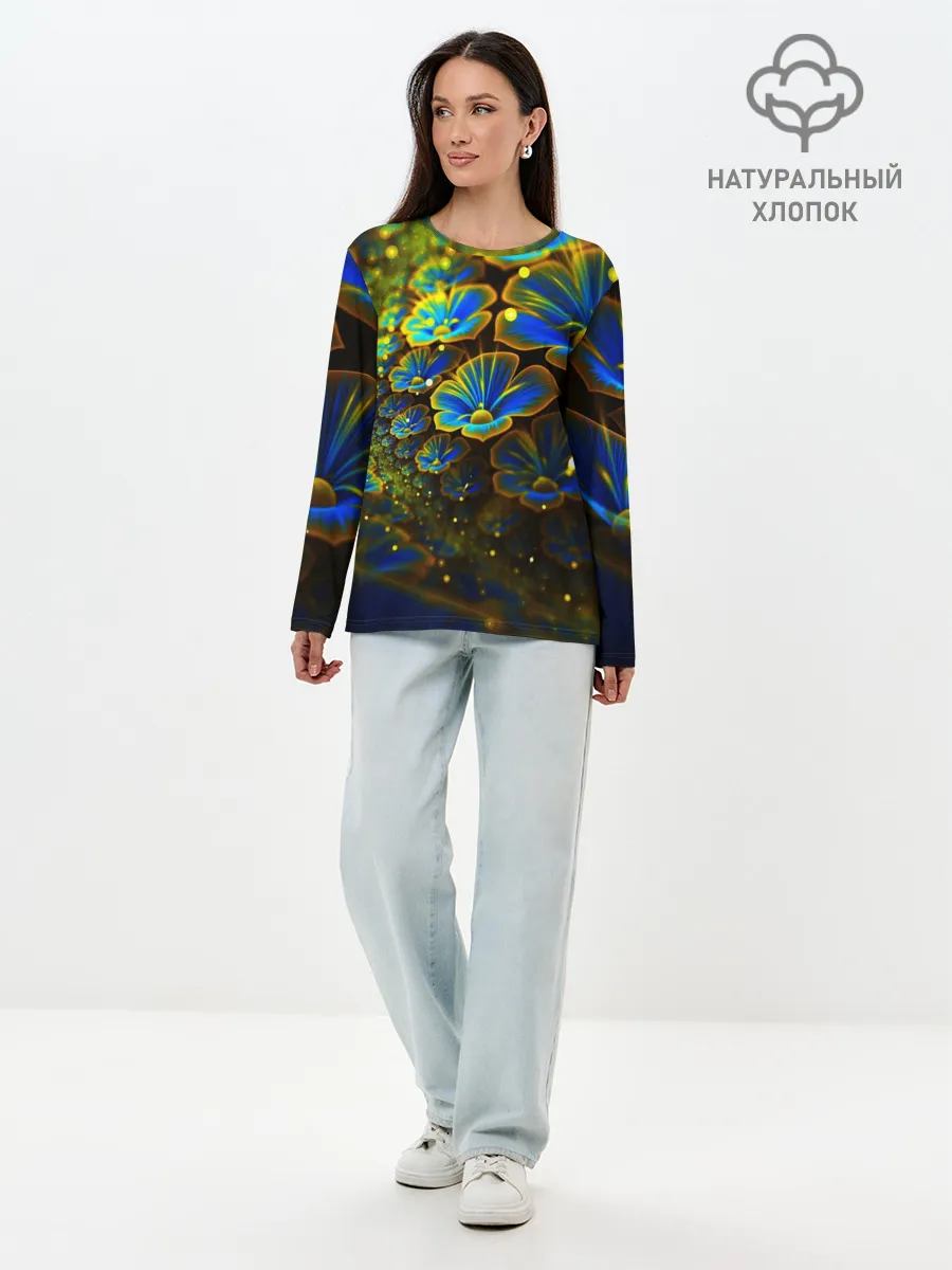 Лонгслив женский. Хлопок / Ночные Цветочки