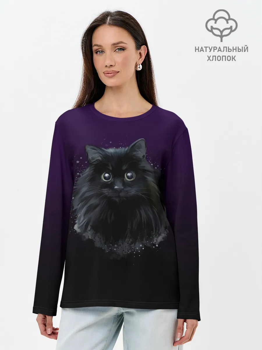 Лонгслив женский. Хлопок / черный кот на фиолетовом фоне