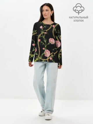 Лонгслив женский. Хлопок / Золотая цепь и розы