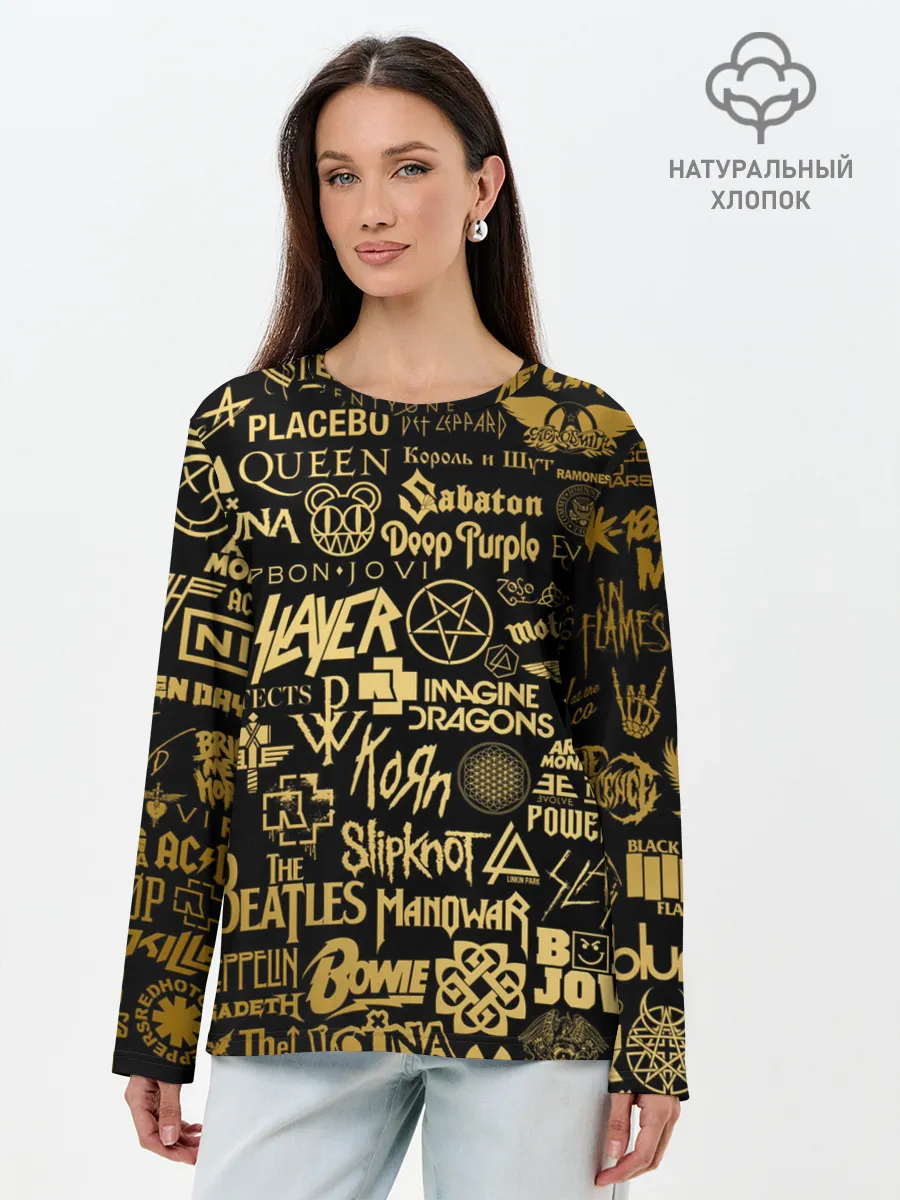 Лонгслив женский. Хлопок / ЛОГОТИПЫ РОК ГРУПП GOLD