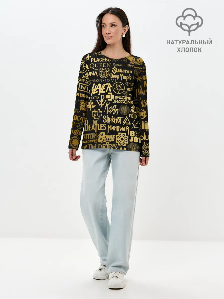 Лонгслив женский. Хлопок / ЛОГОТИПЫ РОК ГРУПП GOLD